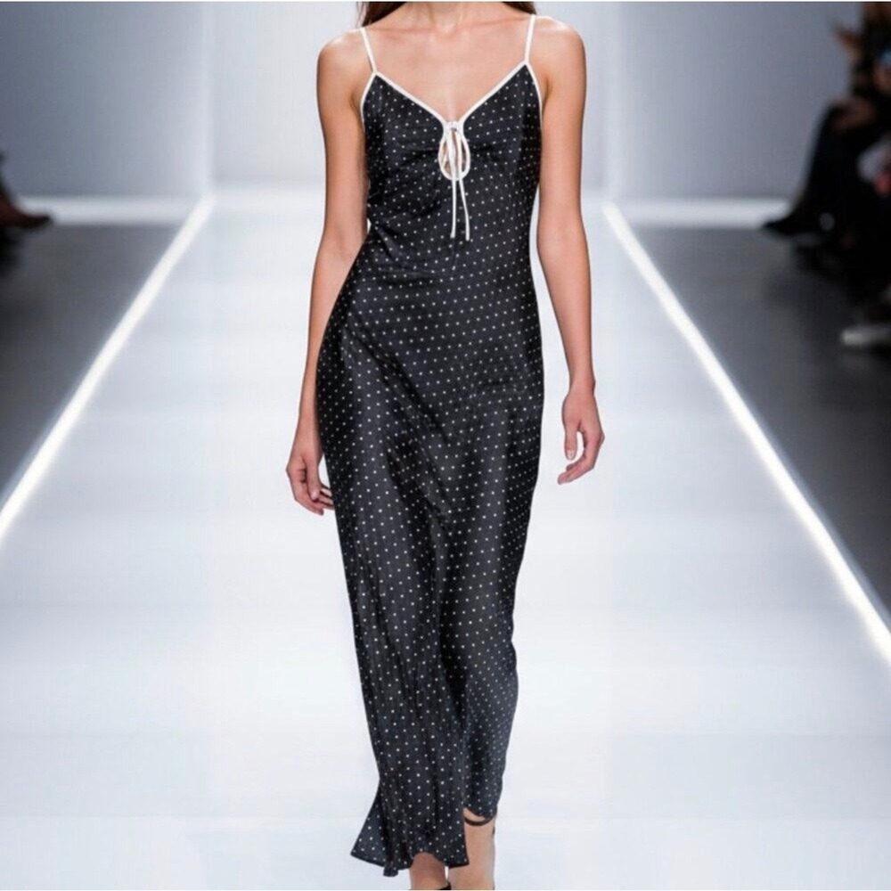 Rumored Daytona Maxi Dress Black White Polka Dot Tie Front Size L NWT